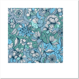 Indigo Summer - a hand drawn floral pattern Posters and Art